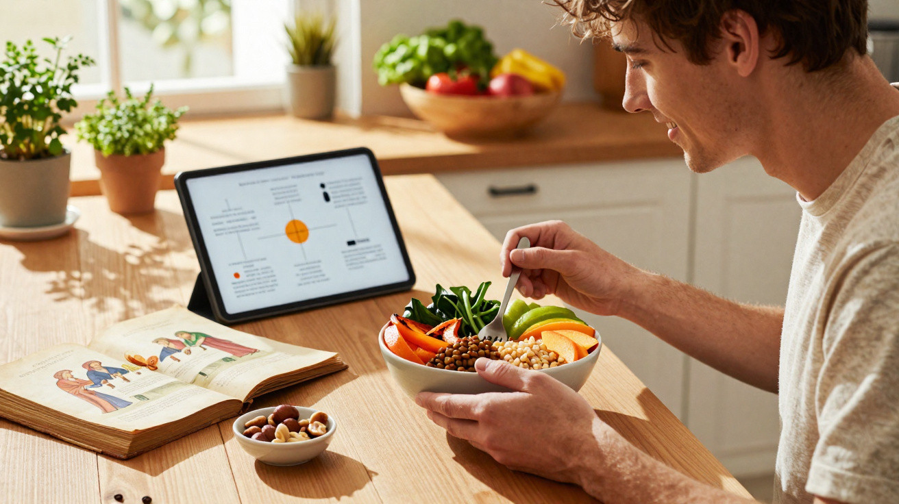 Homem a comer uma salada saudável numa cozinha com tablet e livro numa mesa de madeira.