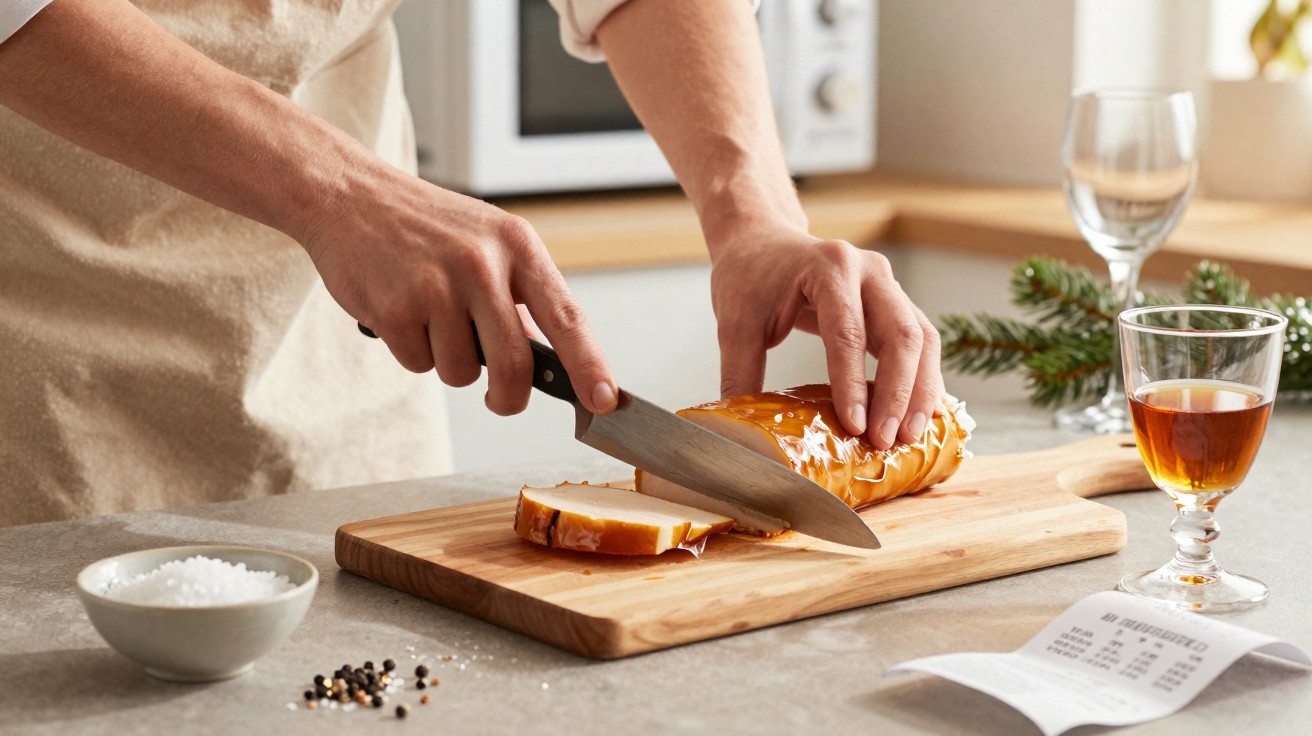 Pessoa a cortar queijo fumado numa tábua de madeira numa cozinha com copo de bebida e temperos à volta.