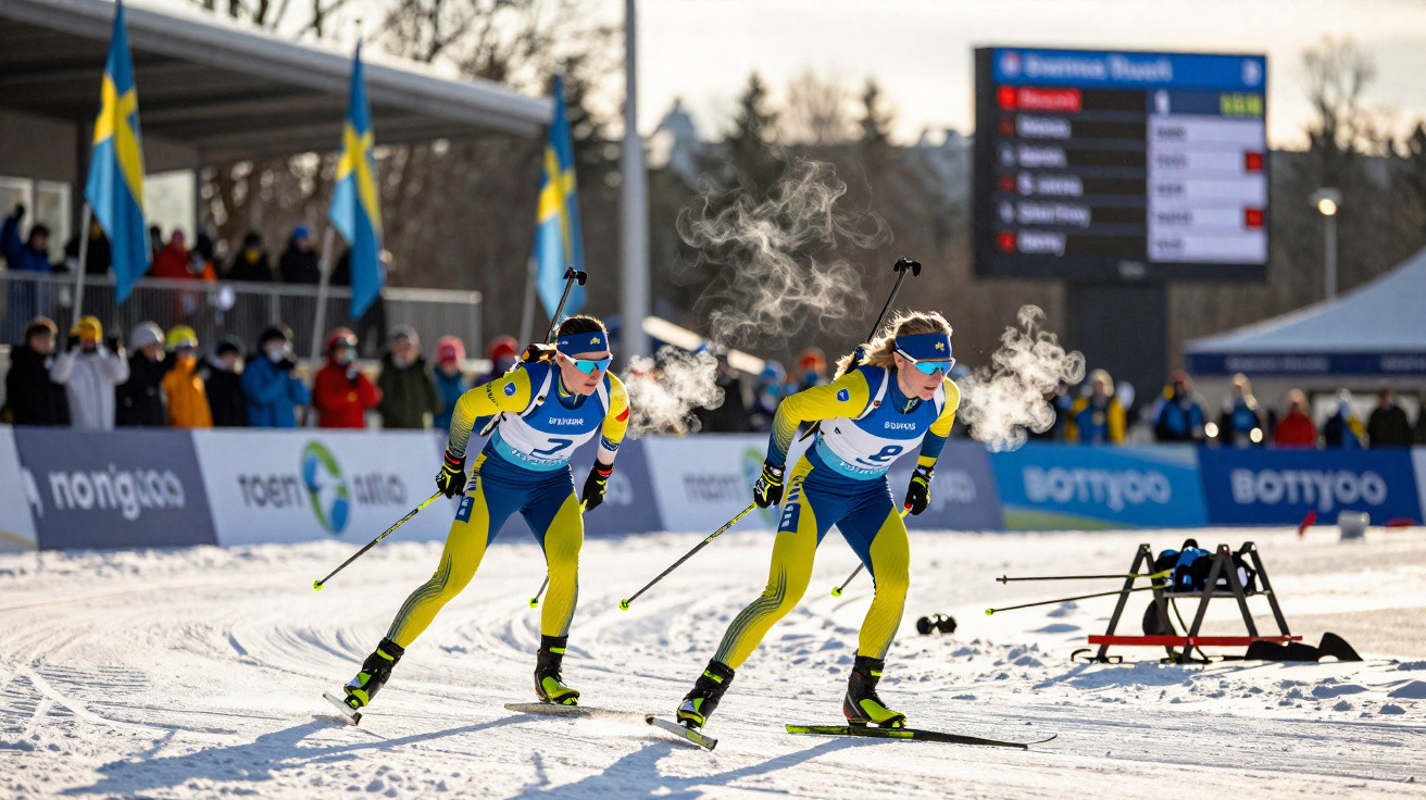 Dois esquiadores suecos a competir em prova de esqui cross-country com vapor a sair da boca no frio.