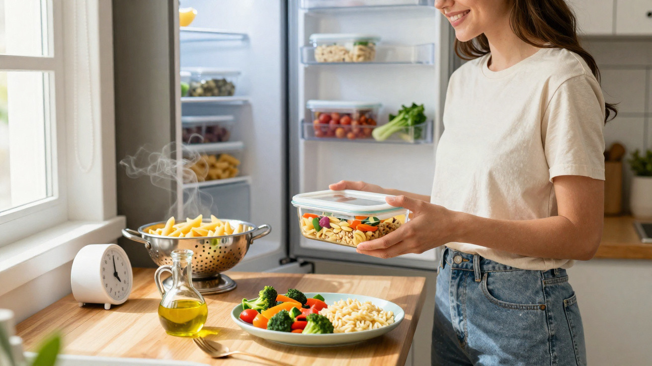 Mulher a preparar refeição saudável com legumes, massa e azeite numa cozinha luminosa e organizada.