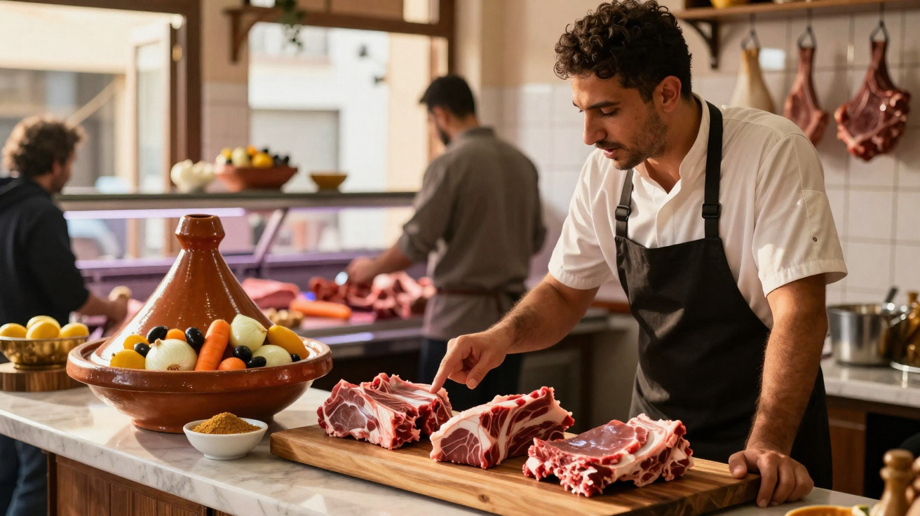 Homem a preparar carne num restaurante com legumes e especiarias numa mesa ao lado.