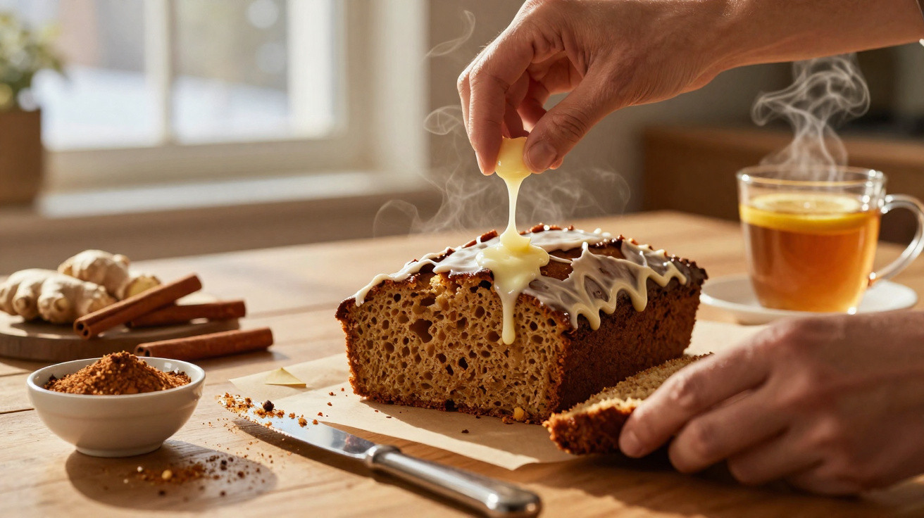 Mãos a decorar bolo de especiarias com cobertura branca numa cozinha iluminada, chá ao fundo.
