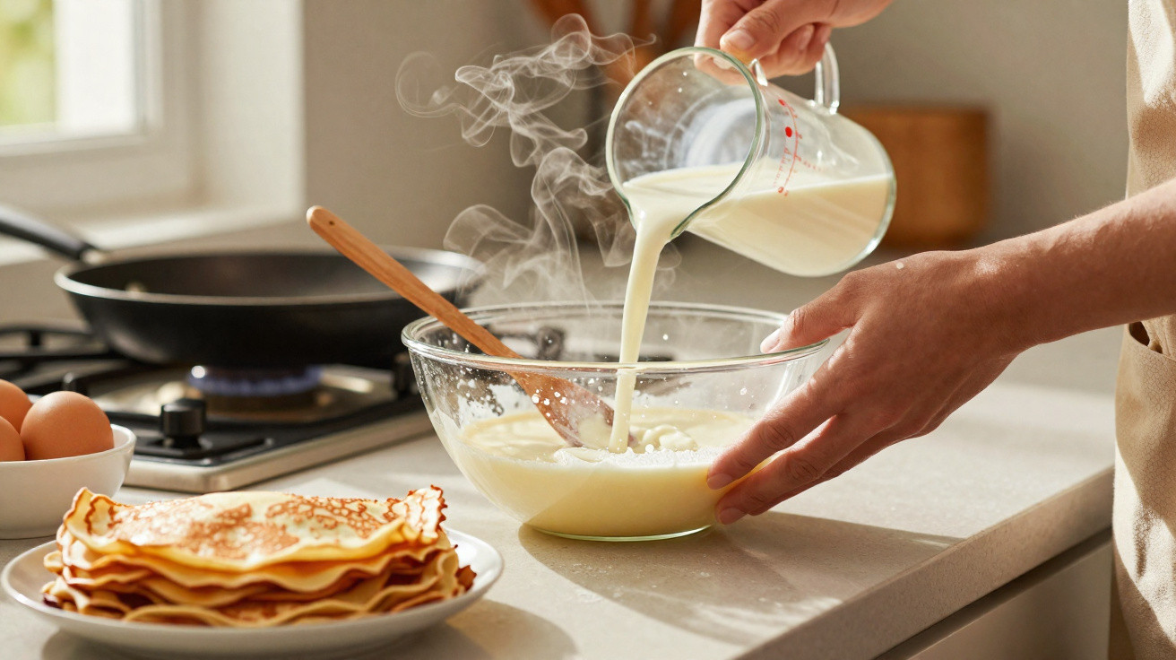 Pessoa a despejar leite num recipiente de vidro para preparar massa de crepes na cozinha iluminada pela manhã.