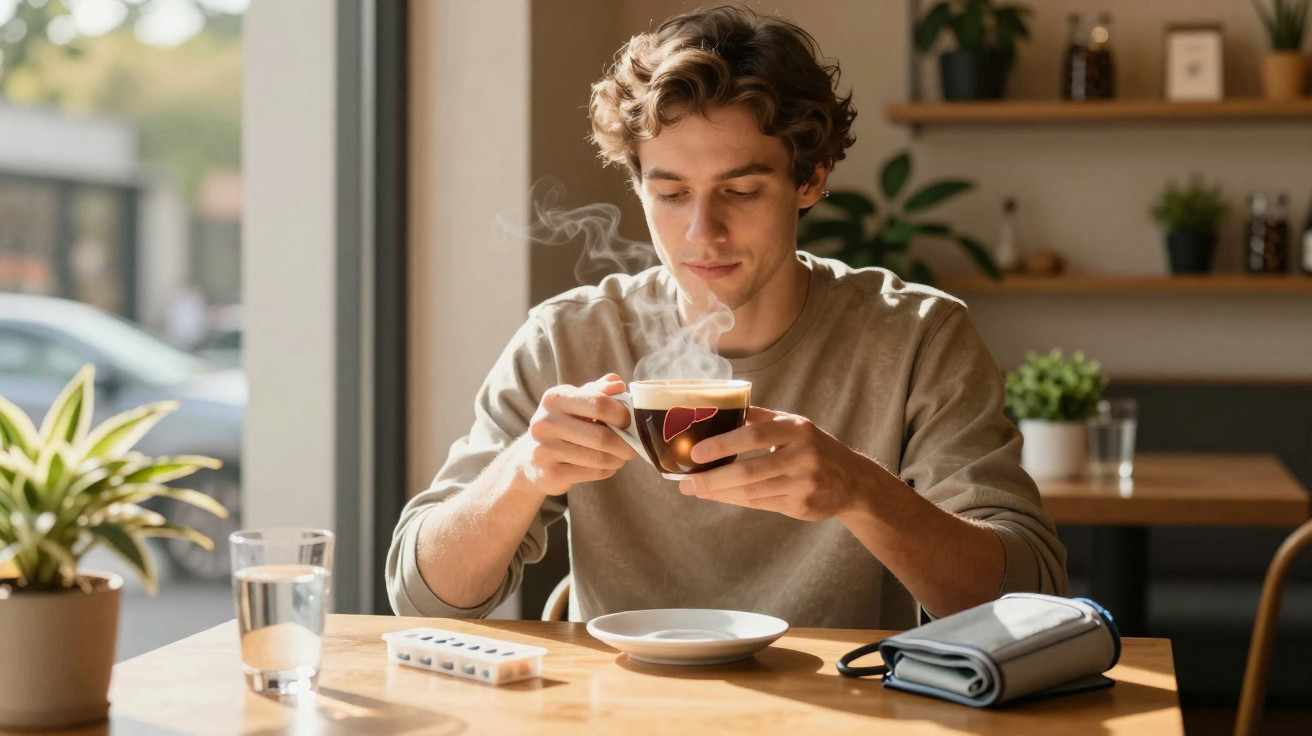 Jovem sentado numa mesa a segurar uma chávena de café quente com vapor, numa sala luminosa.
