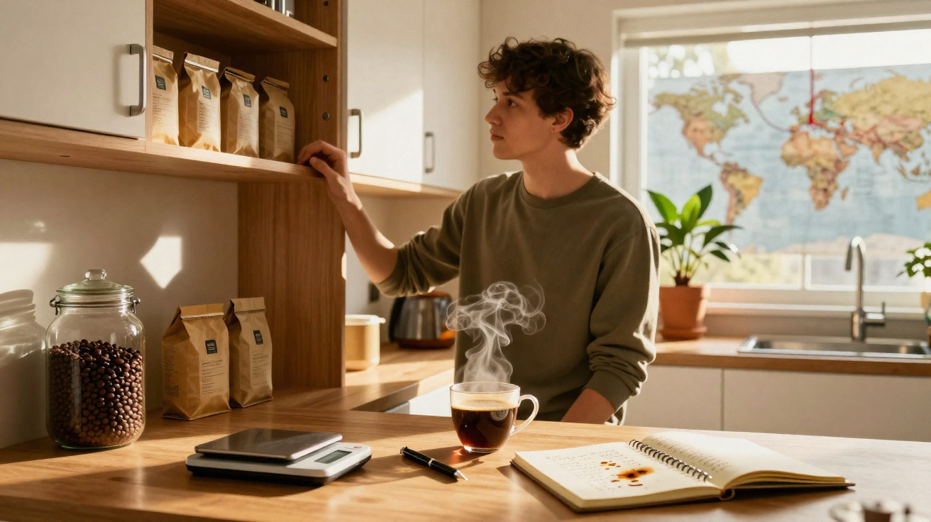 Pessoa numa cozinha a pegar em saco de café num armário, com chávena de café quente e caderno na mesa.
