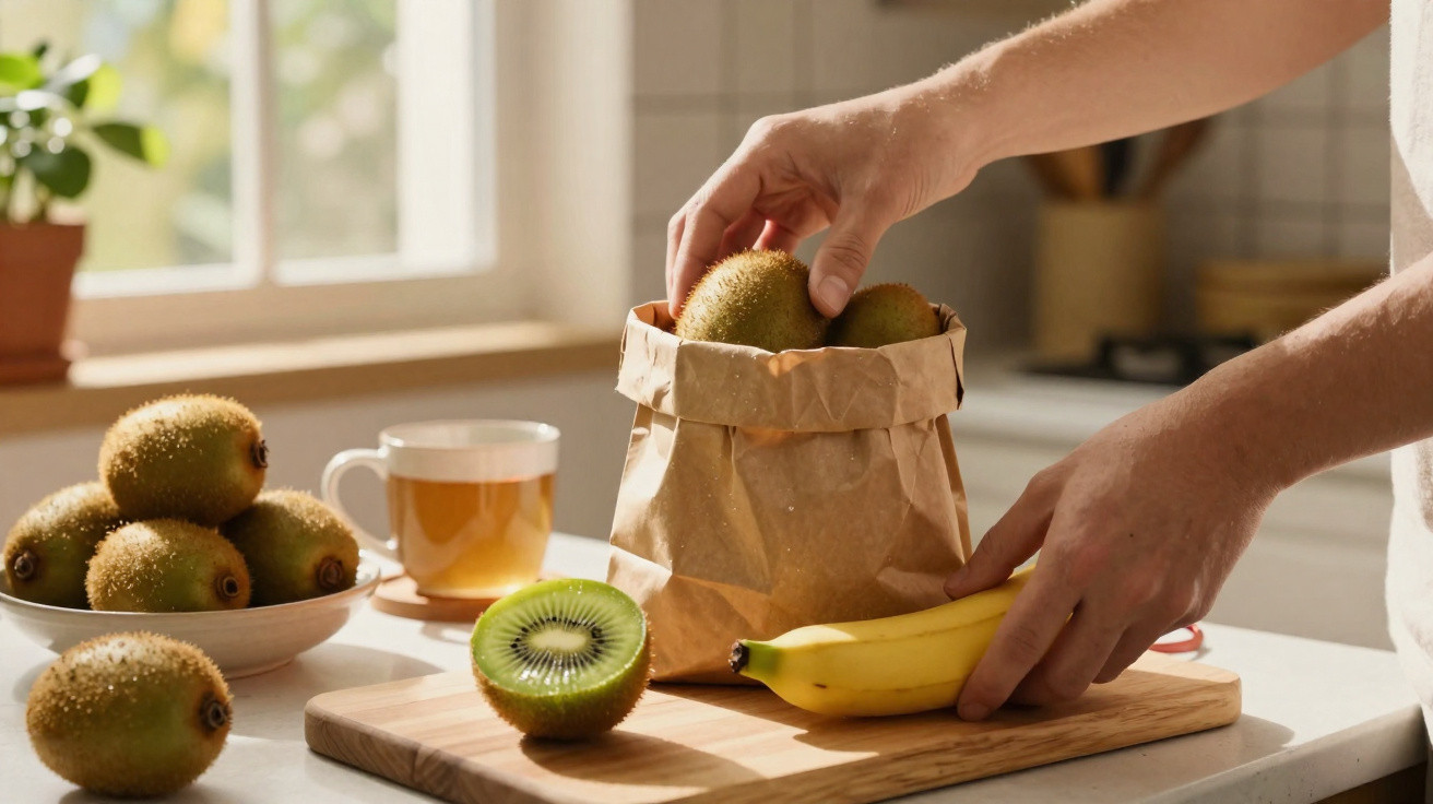Mãos a colocar kiwis numa bolsa de papel, com banana, chá e kiwis numa cozinha iluminada pelo sol.
