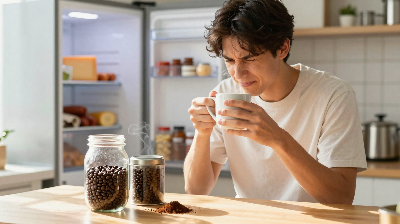 Pessoa a provar bebida quente no copo, com frasco e lata de grãos de café na mesa da cozinha.