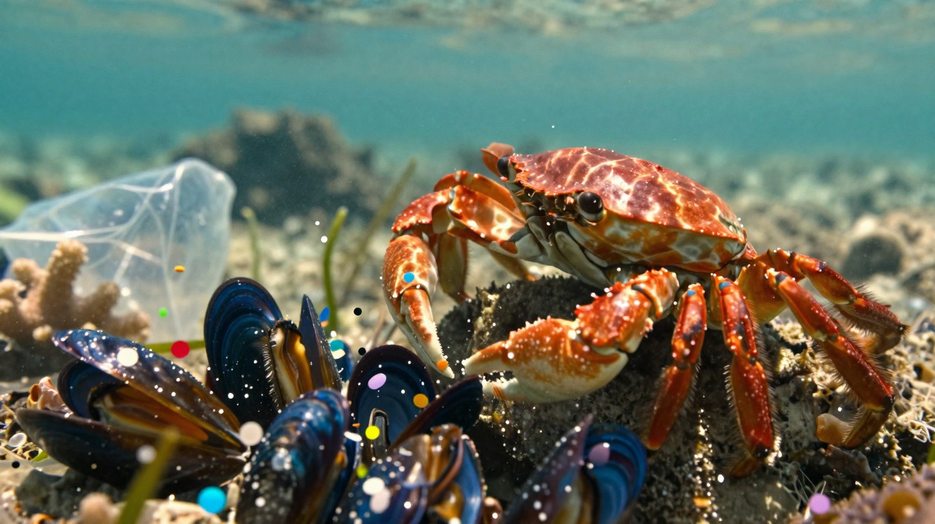 Caranguejo vermelho junto a mexilhões no fundo do mar, rodeado de pequenos detritos coloridos.