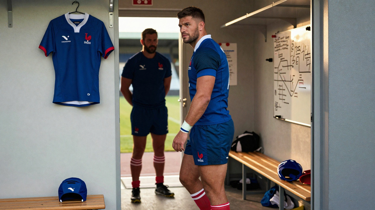 Jogadores de rugby em balneário com camisola azul da seleção francesa e quadro tático na parede.