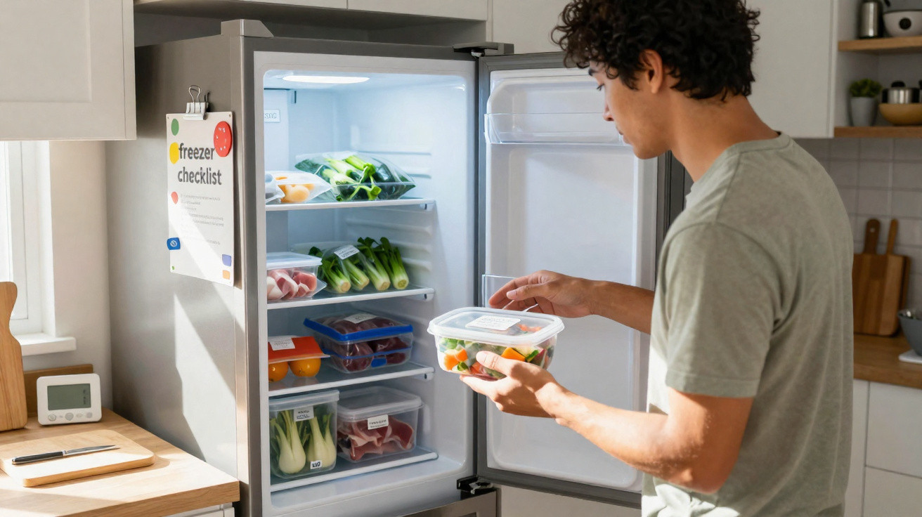 Homem a colocar recipiente com legumes frescos no frigorífico aberto numa cozinha moderna.