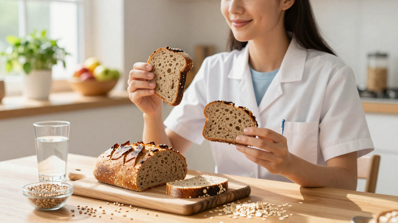 Mulher com bata branca a segurar duas fatias de pão integral numa cozinha luminosa.
