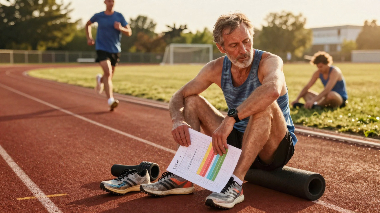 Homem sentado na pista de atletismo a descansar, segurando um gráfico colorido e com ténis e rolo de exercício no chão.