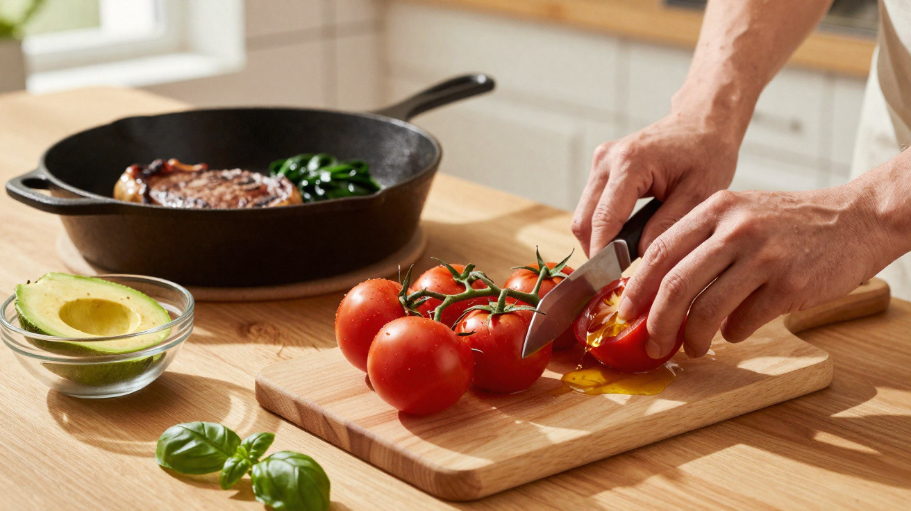 Mãos a cortar tomates frescos num tabuleiro de madeira, com bife na frigideira e abacate à parte.