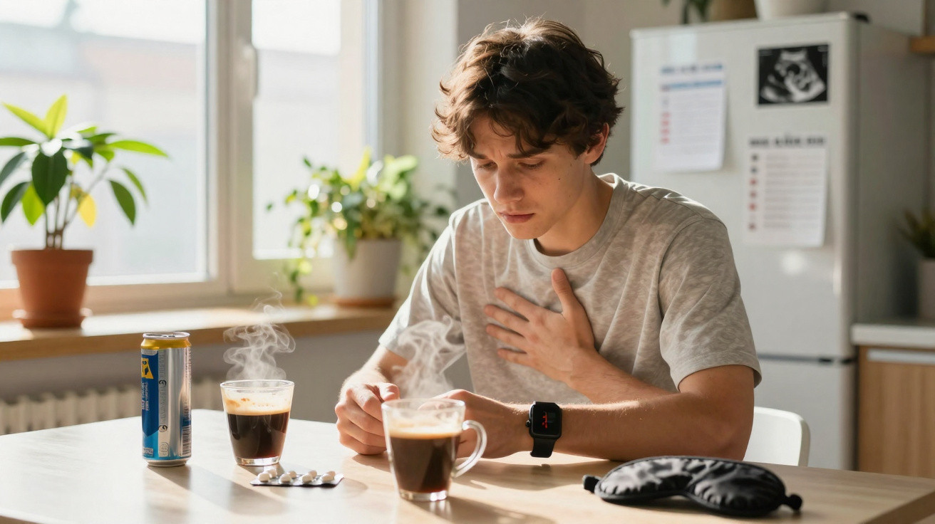 Jovem com expressão de dor no peito sentado à mesa com duas chávenas de café quente e comprimidos.