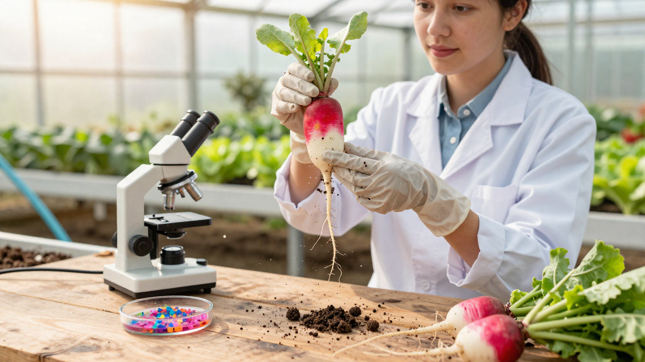Cientista em laboratório observa rábano colhido, com microscópio e amostras na bancada de madeira.