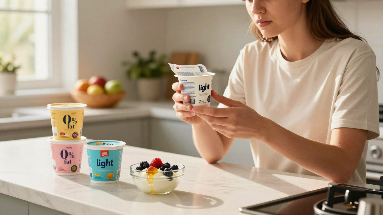 Mulher a ler rótulo de iogurte light numa cozinha moderna com tigela de iogurte e frutos vermelhos.