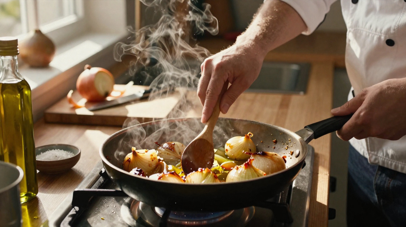 Pessoa a cozinhar cebolas salteadas numa frigideira com uma colher de pau, num fogão a gás.