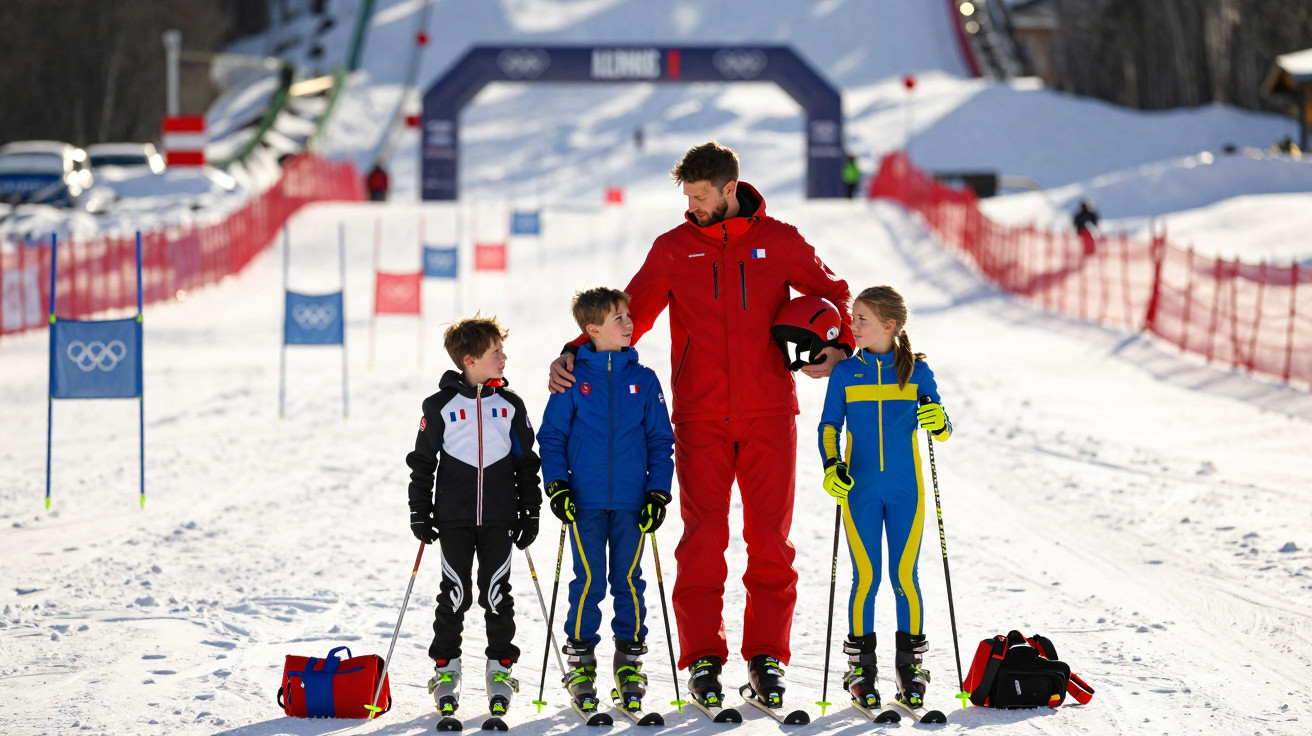 Instrutor de esqui com três crianças equipadas em pista de treino de esqui com neve e bandeiras olímpicas.