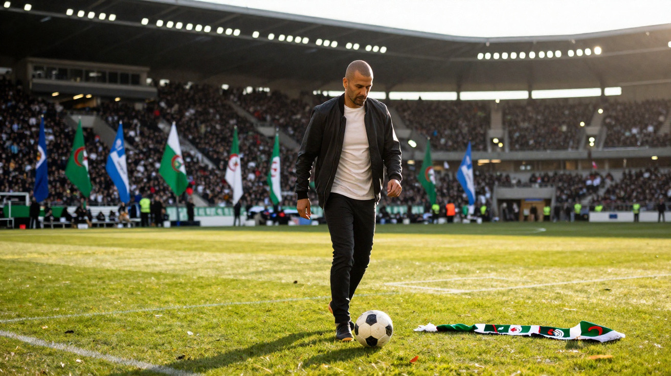 Homem numa camisola branca e casaco preto a controlar bola de futebol num campo com público nas bancadas e bandeiras atrás.