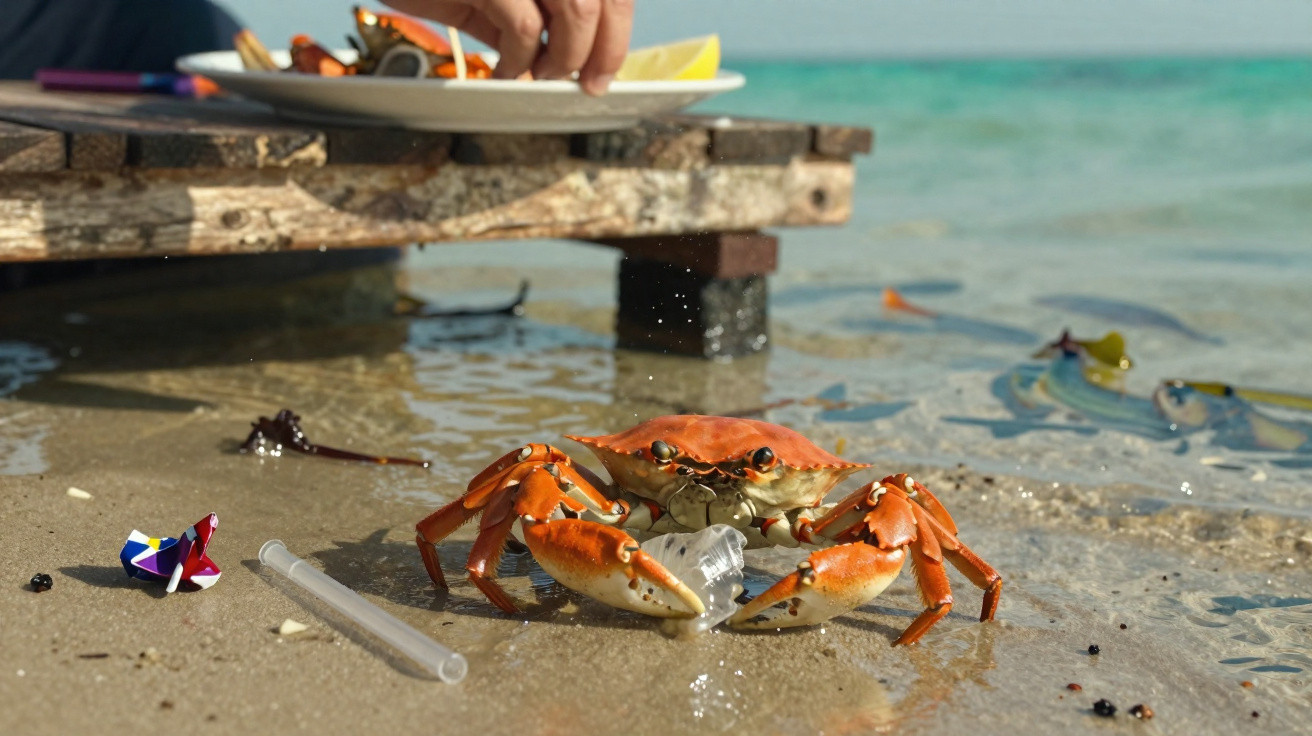 Caranguejo vermelho na praia, rodeado de lixo plástico e água, com mão humana ao fundo numa prancha de madeira.