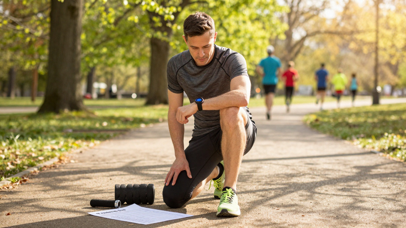 Homem com roupa desportiva faz exercício ao ar livre, lendo plano de treino num parque ensolarado.