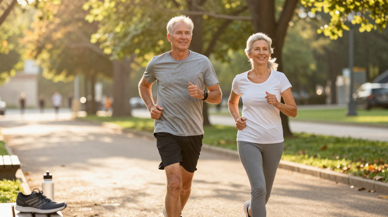 Casal sénior a correr alegremente num parque urbano com árvores e luz solar ao fundo.