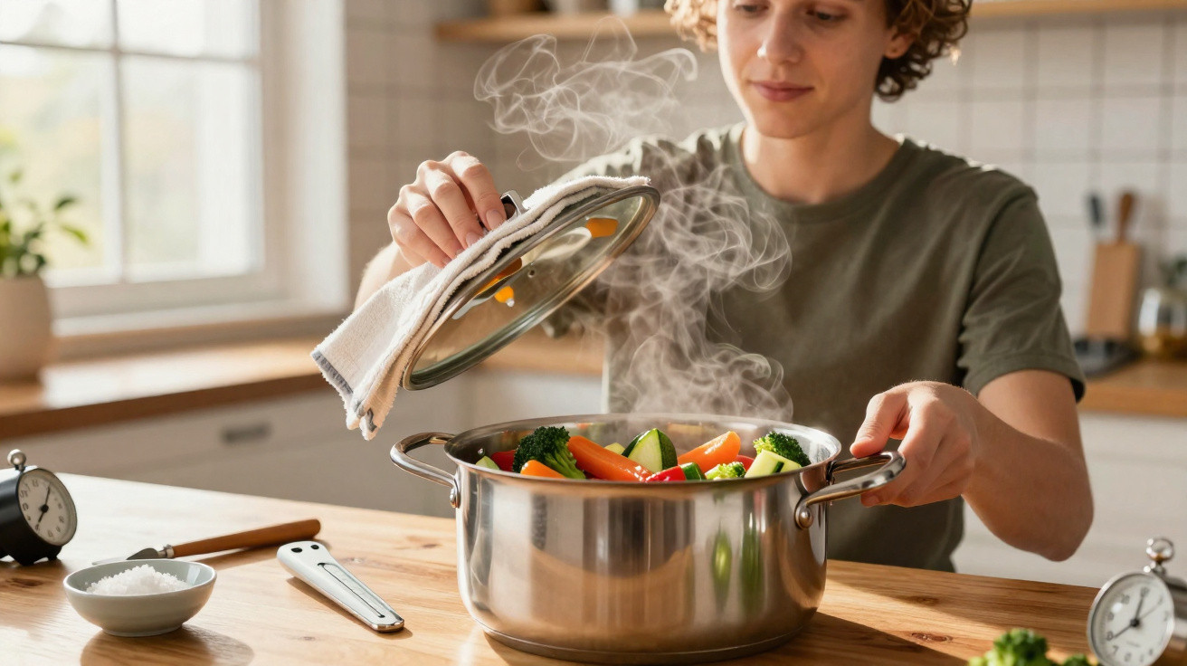 Pessoa a levantar tampa de panela com legumes frescos e vapor numa cozinha iluminada.