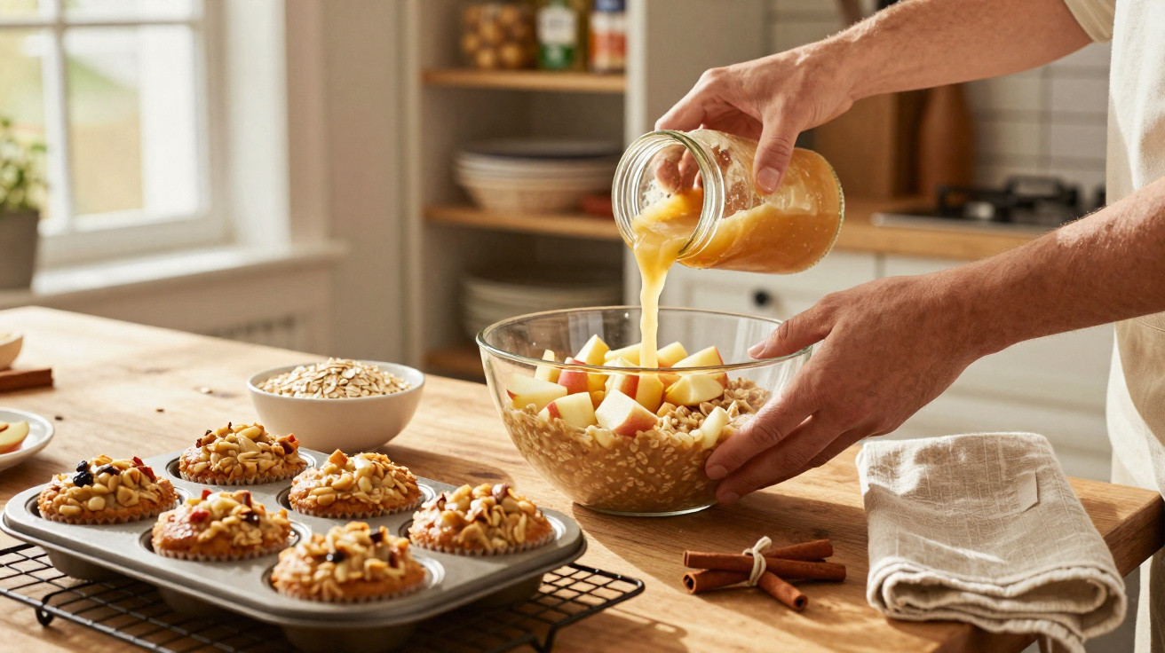 Pessoa a verter mistura líquida numa taça com maçã e aveia, com muffins numa bancada de cozinha.