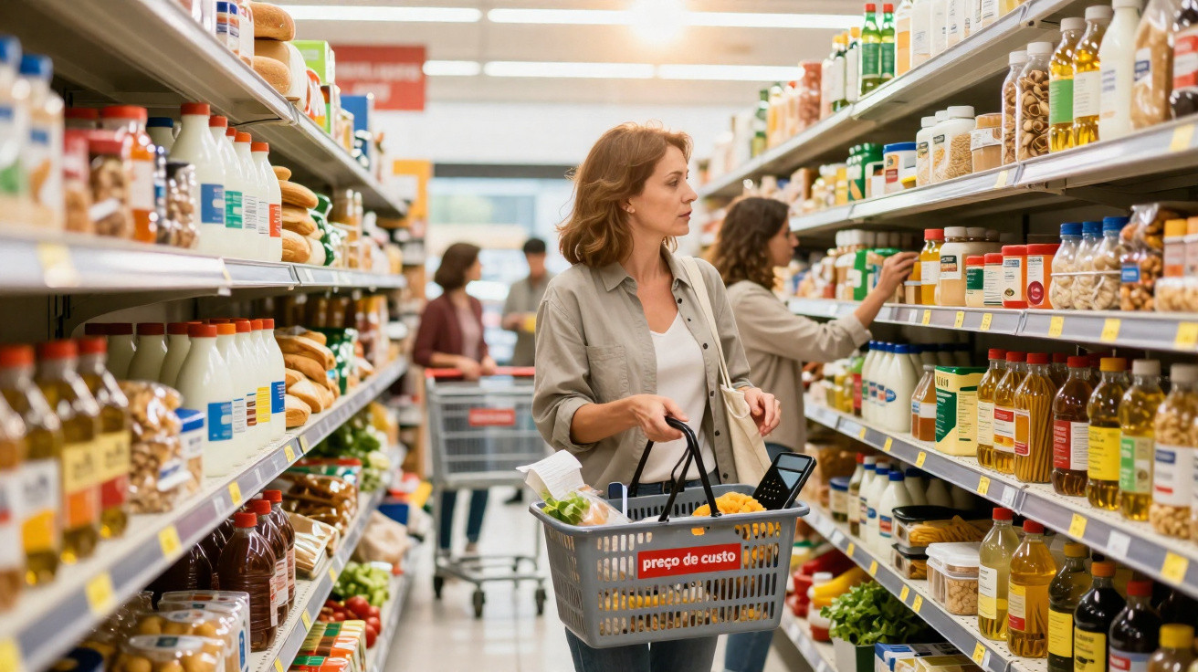 Mulher com cesta de compras examina produtos em corredor de supermercado cheio de alimentos diversos.
