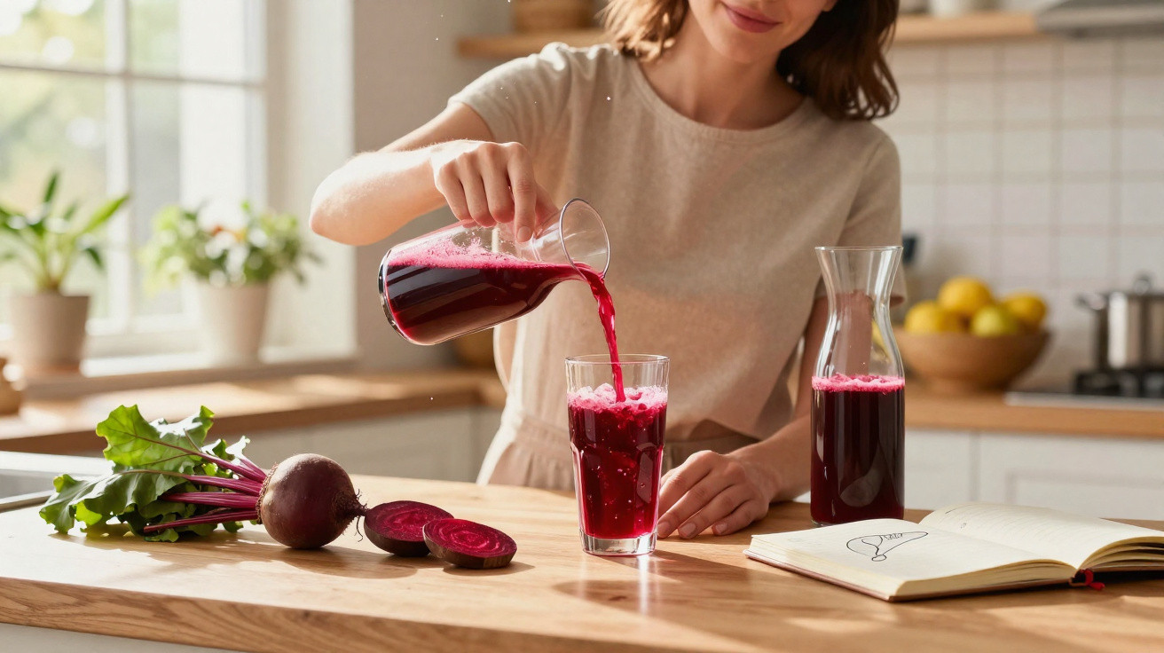 Mulher a verter sumo de beterraba natural num copo numa cozinha luminosa com livro aberto sobre a mesa.