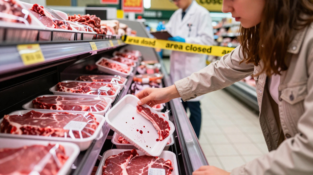 Mulher a pegar peça de carne crua num supermercado, área fechada ao fundo com funcionário de bata.