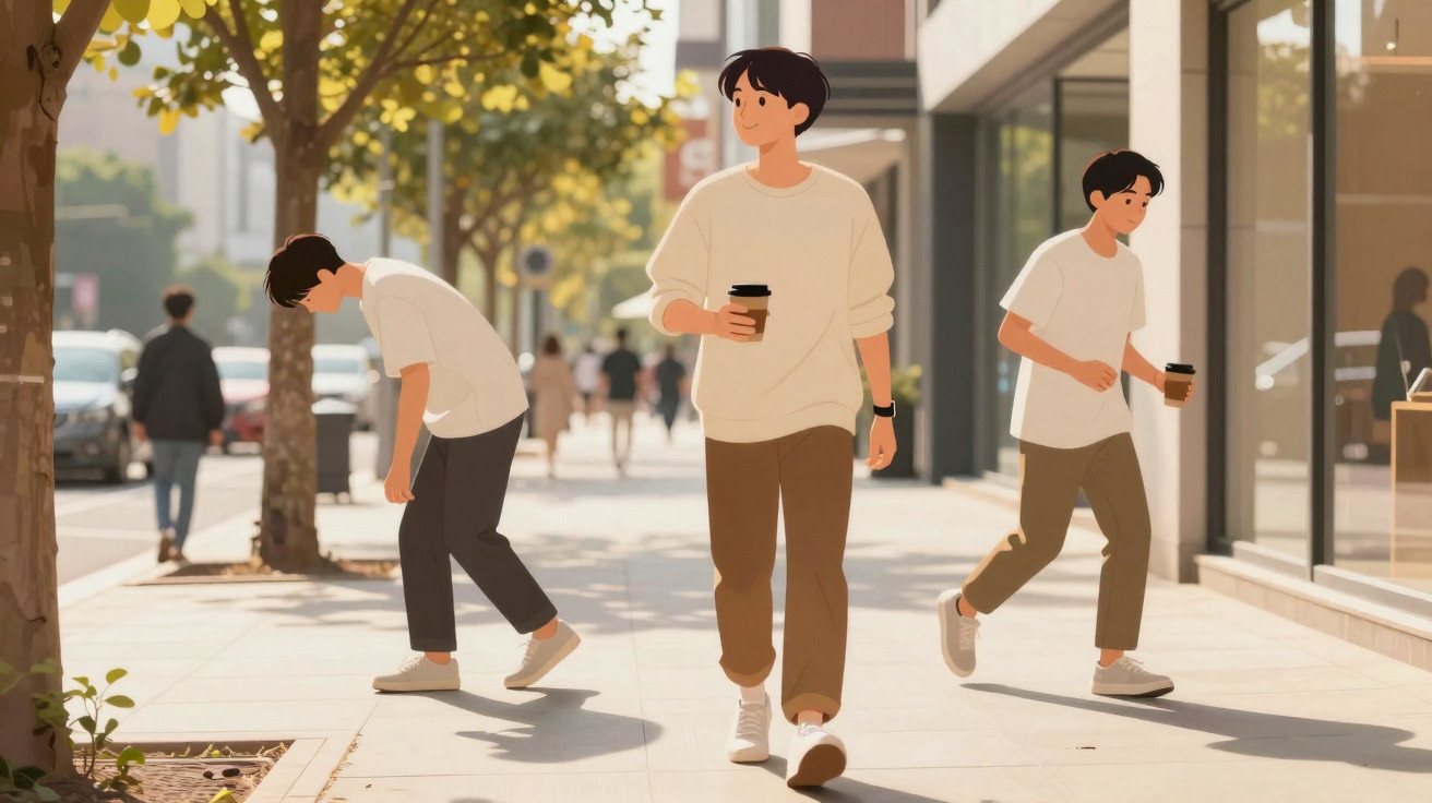 Três jovens com roupa casual caminham numa rua urbana ensolarada, dois segurando copos de café para viagem.