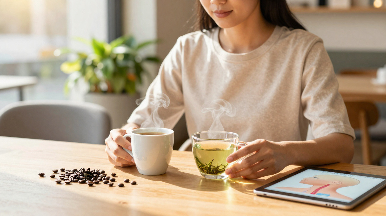 Mulher a segurar uma chávena de chá verde e outra de café junto a grãos de café e tablet numa mesa de madeira.
