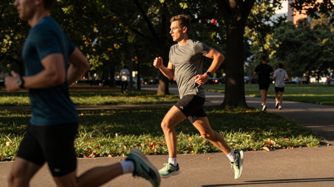 Homem a correr num parque urbano com luz dourada do pôr do sol, rodeado por árvores e outras pessoas.
