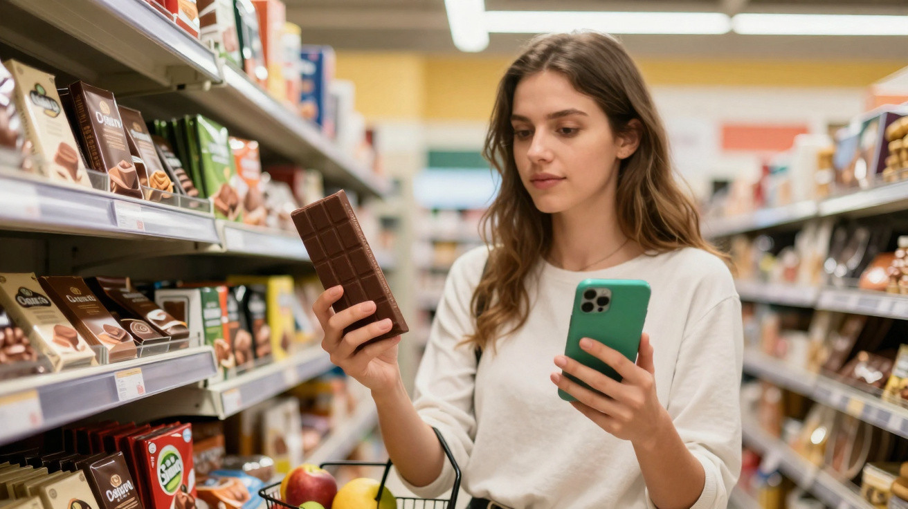 Mulher jovem em supermercado a comparar chocolate enquanto segura telemóvel e cesto com frutas.