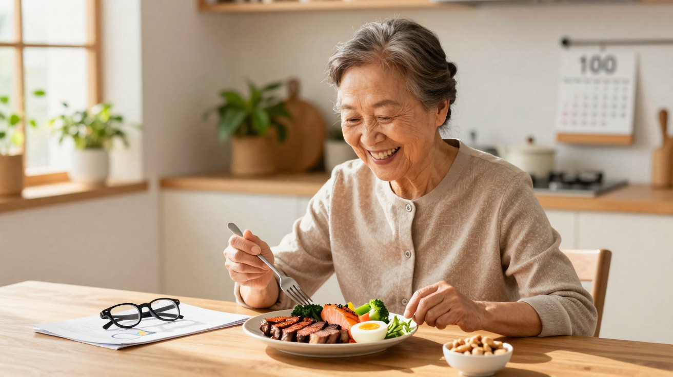 Mulher idosa sorridente a comer refeição saudável com legumes e ovo numa cozinha luminosa.