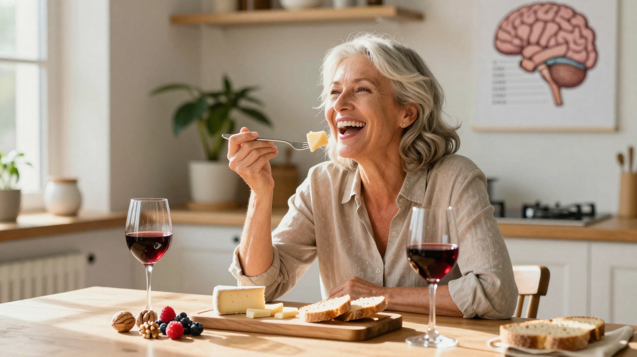 Mulher sorridente a comer queijo e a desfrutar de vinho tinto numa cozinha luminosa.