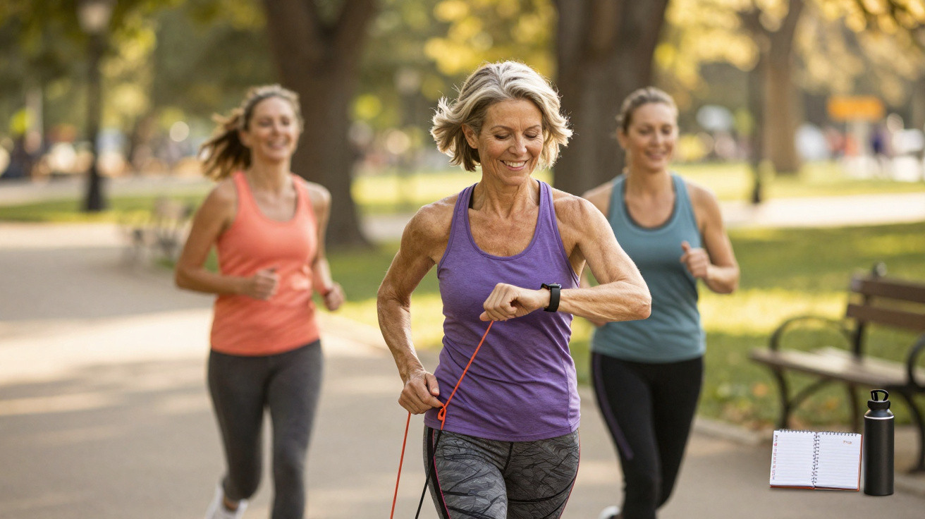 Três mulheres a correr num parque, com uma delas a usar um relógio desportivo e corda de saltar.