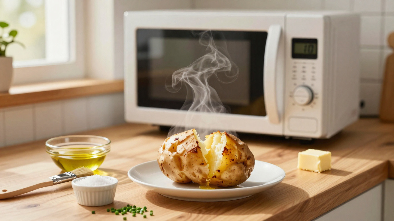 Batata cozida a vapor na refeição com micro-ondas, azeite, sal e manteiga numa bancada de madeira.
