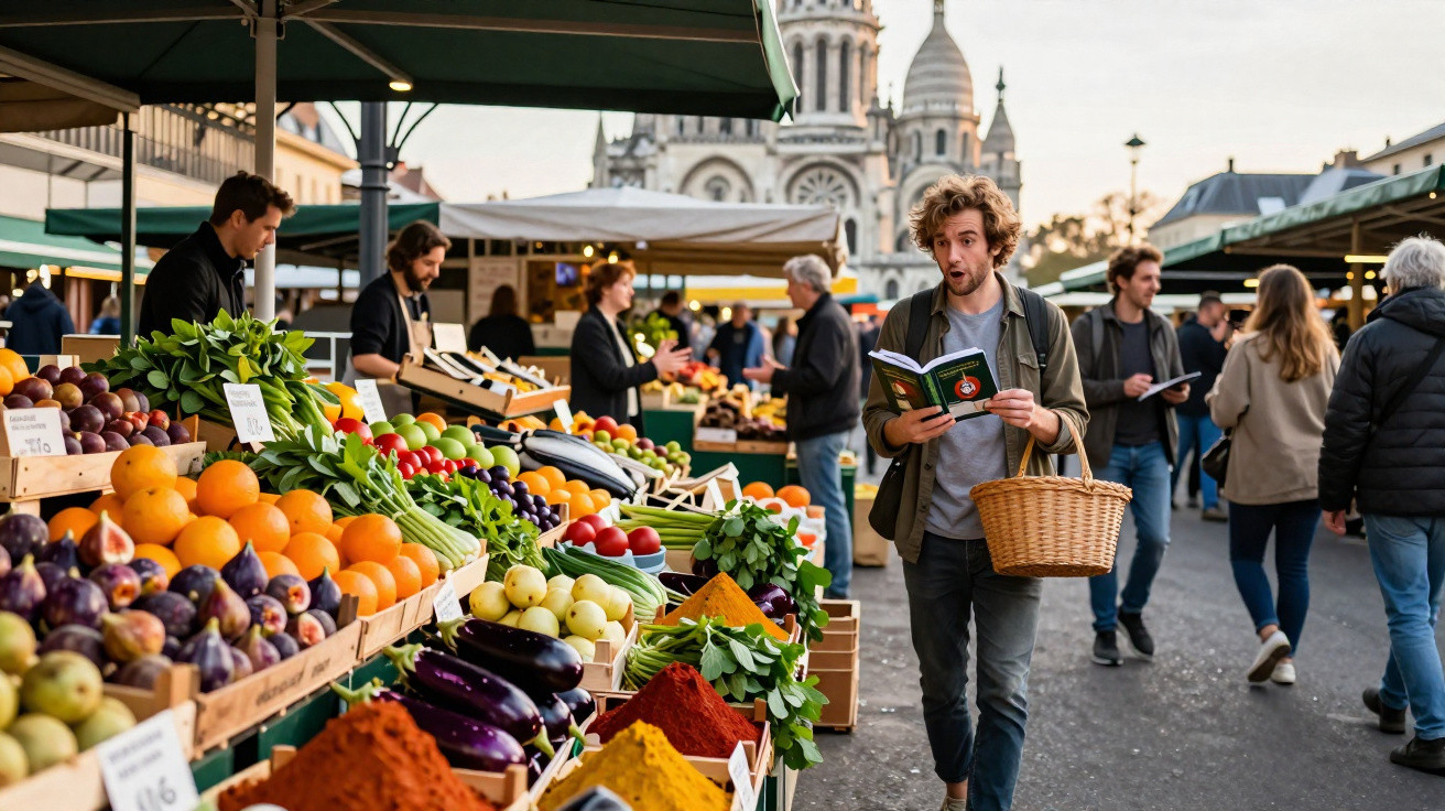 Mercado ao ar livre com bancas de frutas, especiarias coloridas e pessoas a passear e fazer compras.