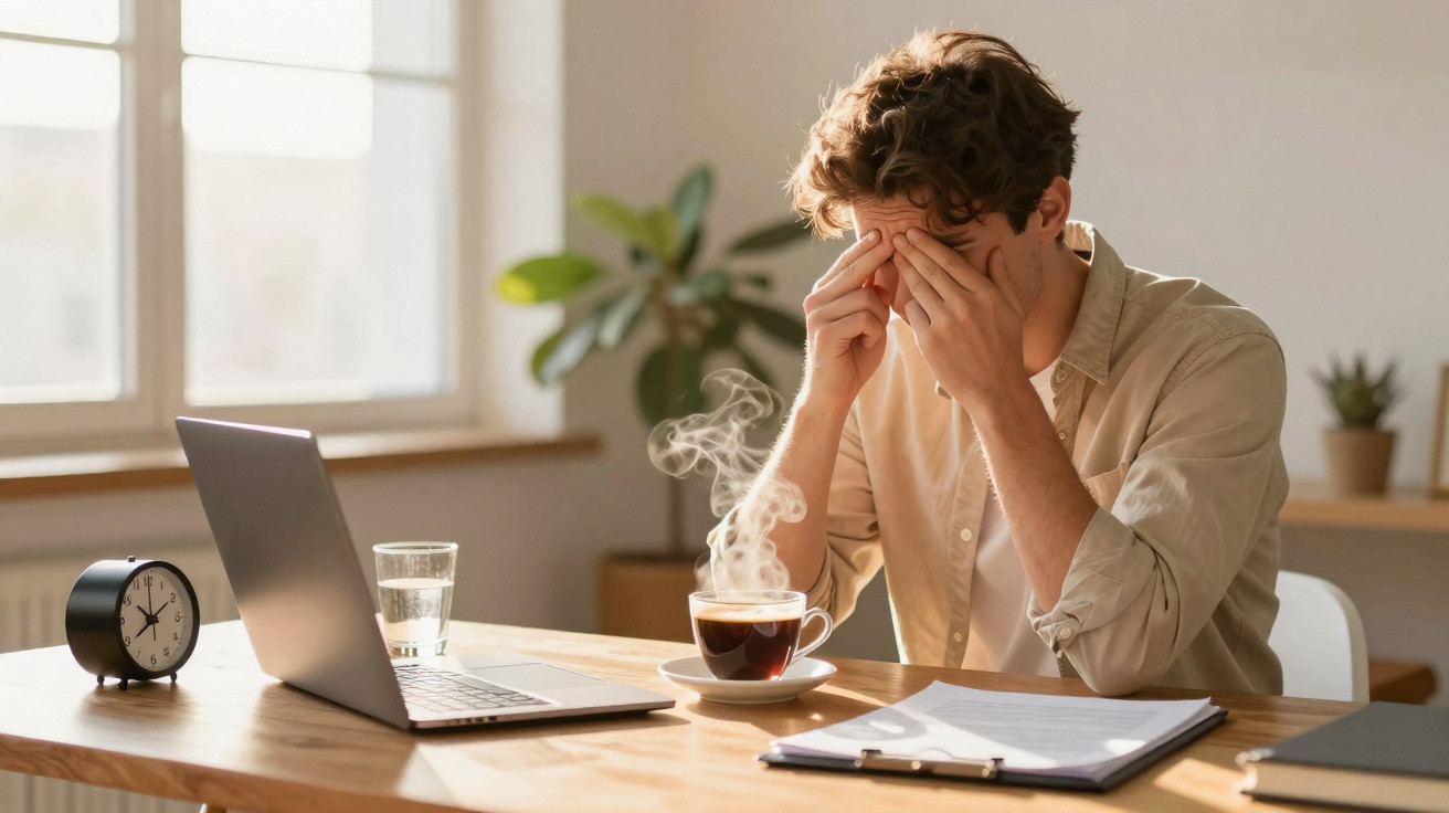 Homem senta-se a uma mesa com computador, vaso de plantas ao fundo, café fumegante e parece cansado ou stressado.