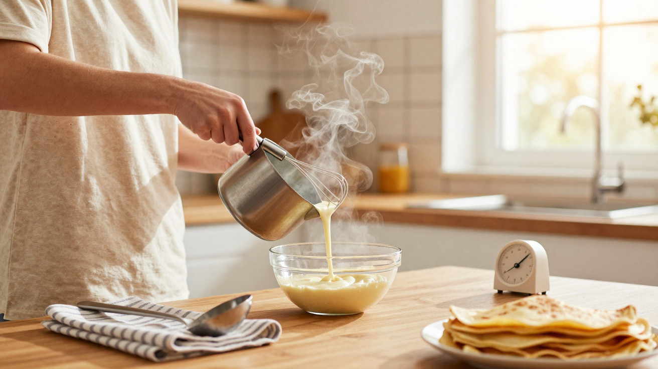 Pessoa a despejar massa quente numa taça de vidro numa cozinha com luz natural e panquecas à frente.