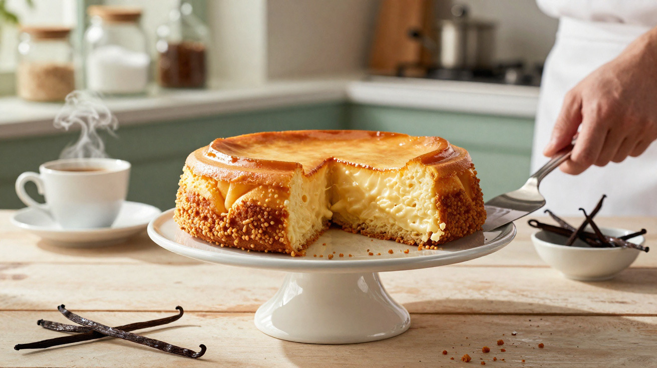 Bolo de queijo cremoso com uma fatia a ser servida num prato branco alto, ao lado de uma chávena de café.
