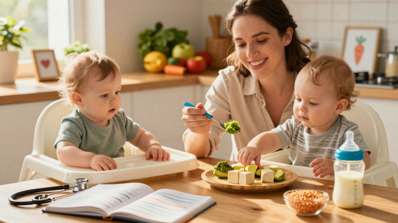 Mulher a alimentar dois bebés com papas verdes numa cozinha luminosa.