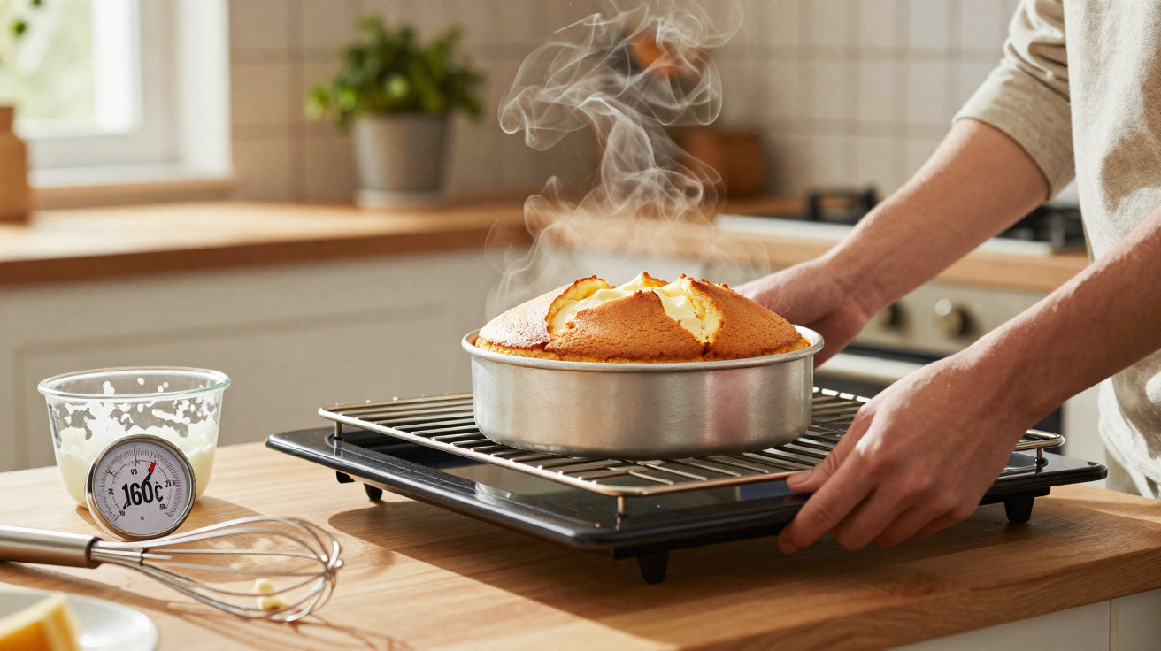 Bolo acabado de sair do forno numa grade de arrefecimento com vapor a subir e utensílios de cozinha ao lado.