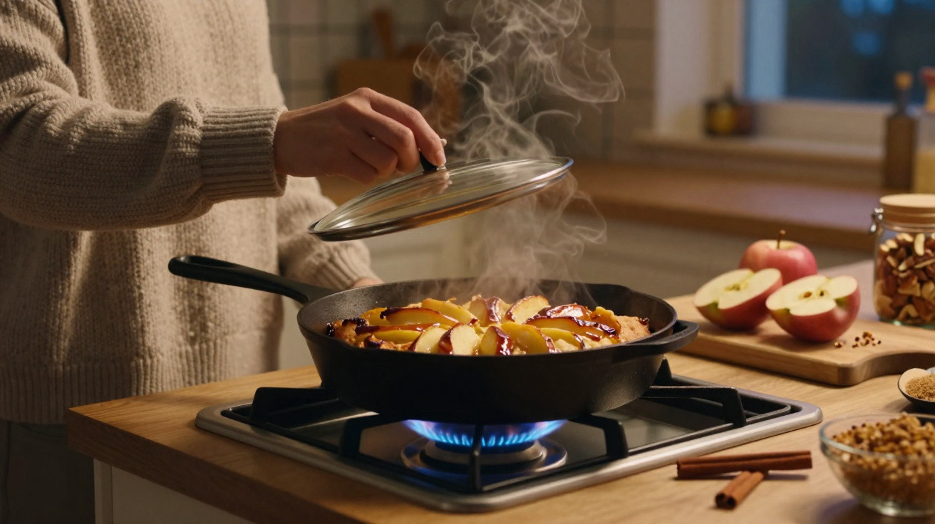 Pessoa a levantar tampa de frigideira com sobremesa de maçã a cozinhar no fogão a gás numa cozinha.