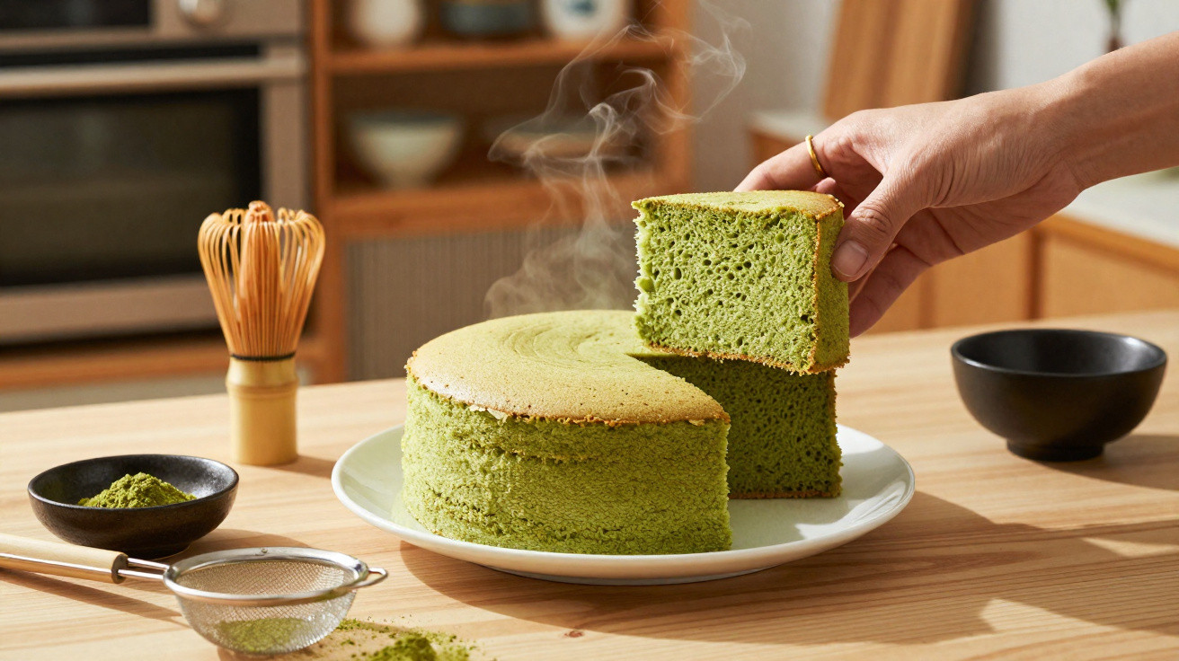 Bolo verde fumegante em prato branco numa mesa de madeira, com utensílios de chá matcha ao lado.