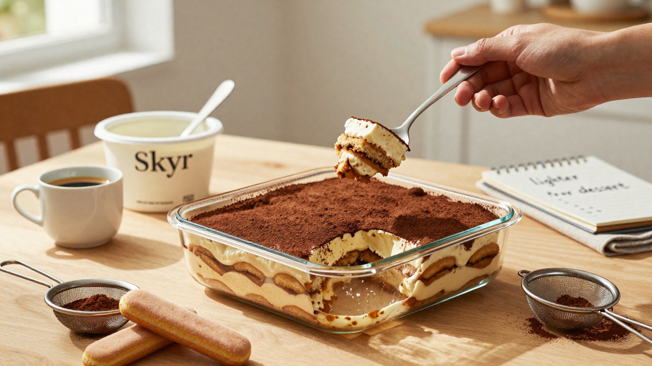 Pessoa a servir colher de tiramisù numa taça de vidro numa mesa com café e ingredientes.