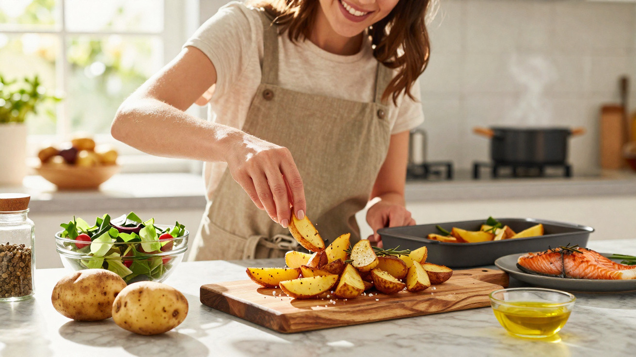 Mulher a temperar batatas cortadas em quartos numa cozinha luminosa com salada, salmão e azeite na mesa.