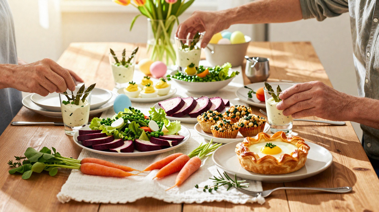 Mesa de madeira com refeições saudáveis, legumes, saladas e duas pessoas a segurar copos com molho e espargos.